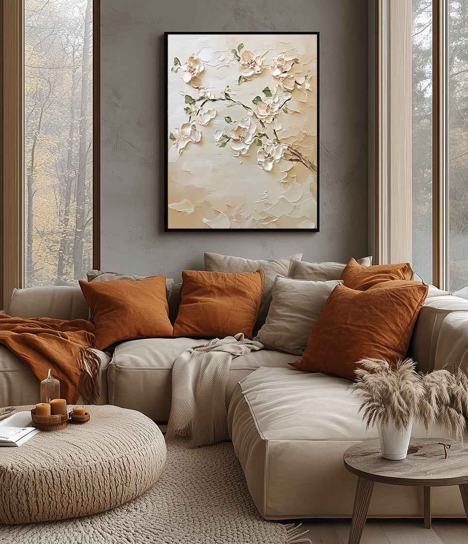 Magnolia Grace: Modern Minimalist Floral Wall Art - Cream White Impasto Textured Blossoms on Beige