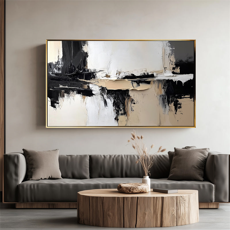 Monochrome Harmony: Impasto Black White Brown Abstract Wall Art - Modern Home Accent