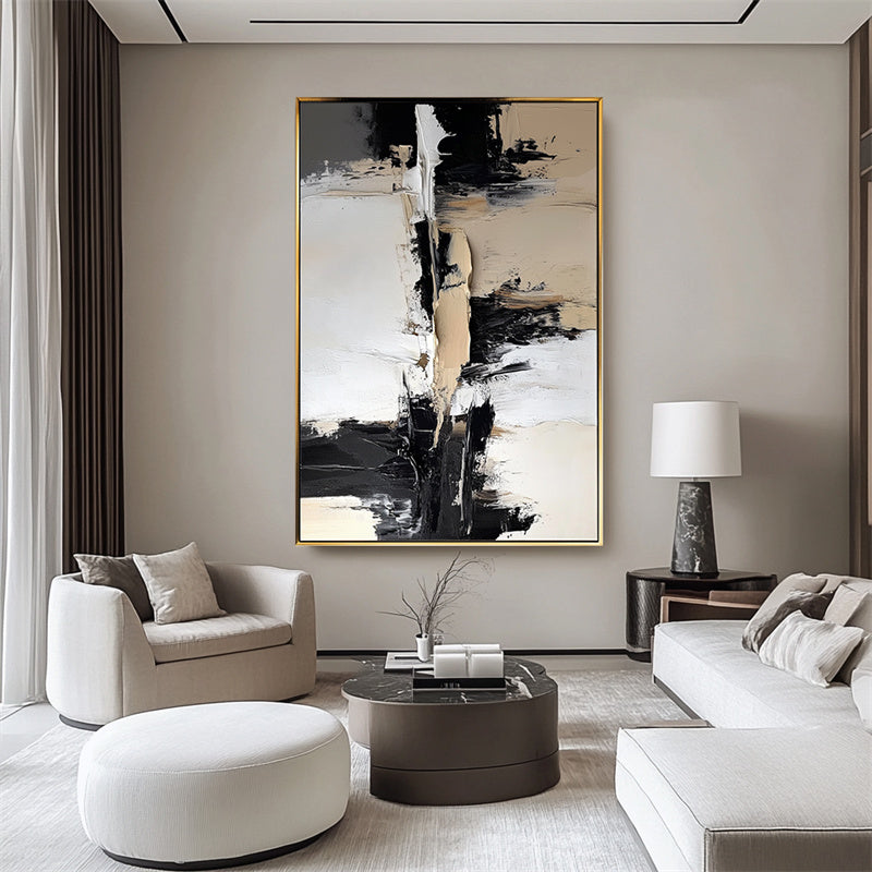 Monochrome Harmony: Impasto Black White Brown Abstract Wall Art - Modern Home Accent