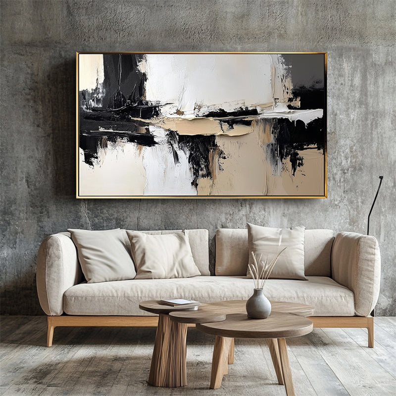 Monochrome Harmony: Impasto Black White Brown Abstract Wall Art - Modern Home Accent