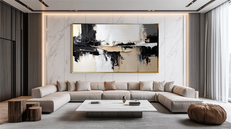 Monochrome Harmony: Impasto Black White Brown Abstract Wall Art - Modern Home Accent