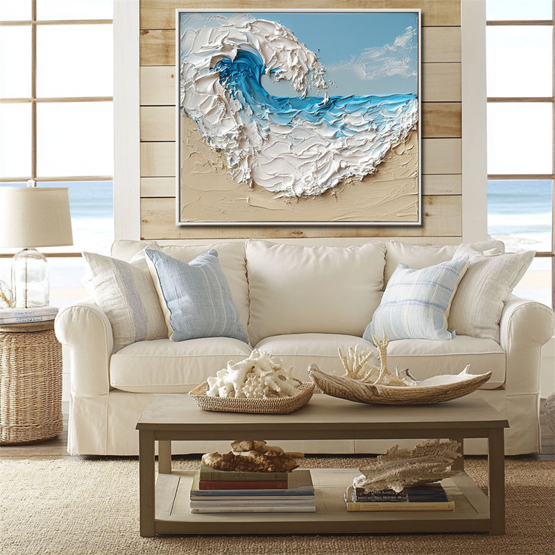 Ocean Whisper: Textured Ocean Wave Oil Painting - Coastal Wall Art for Living Room and Bedroom Decor