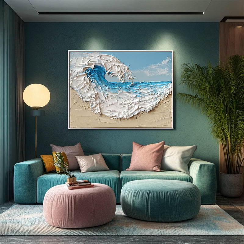 Ocean Whisper: Textured Ocean Wave Oil Painting - Coastal Wall Art for Living Room and Bedroom Decor