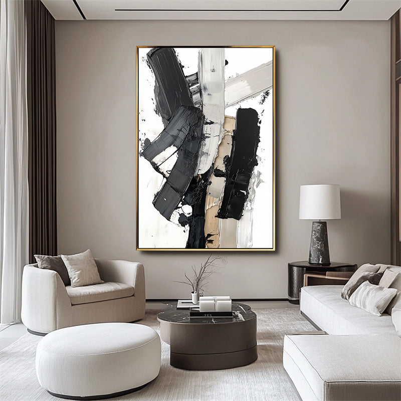 Monochrome Stride: Contemporary Texture Art - Black Grey White Brown Abstract Wall Decor for Modern Spaces