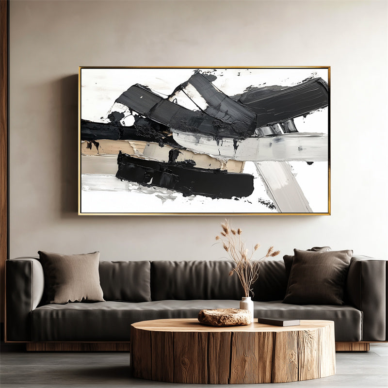 Monochrome Stride: Contemporary Texture Art - Black Grey White Brown Abstract Wall Decor for Modern Spaces