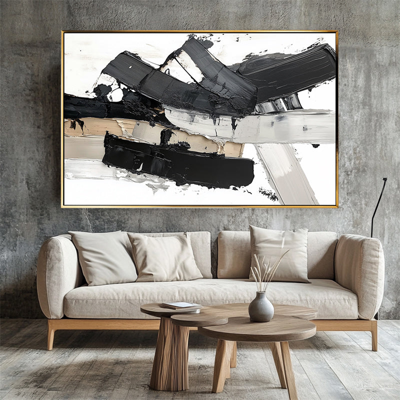 Monochrome Stride: Contemporary Texture Art - Black Grey White Brown Abstract Wall Decor for Modern Spaces