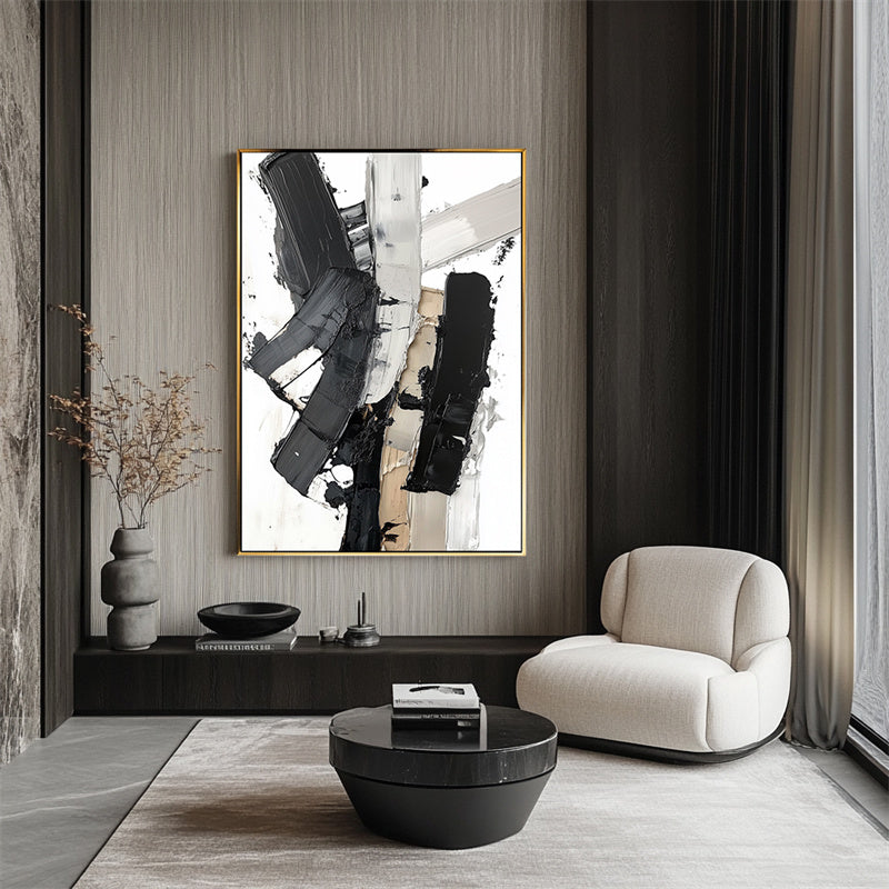Monochrome Stride: Contemporary Texture Art - Black Grey White Brown Abstract Wall Decor for Modern Spaces