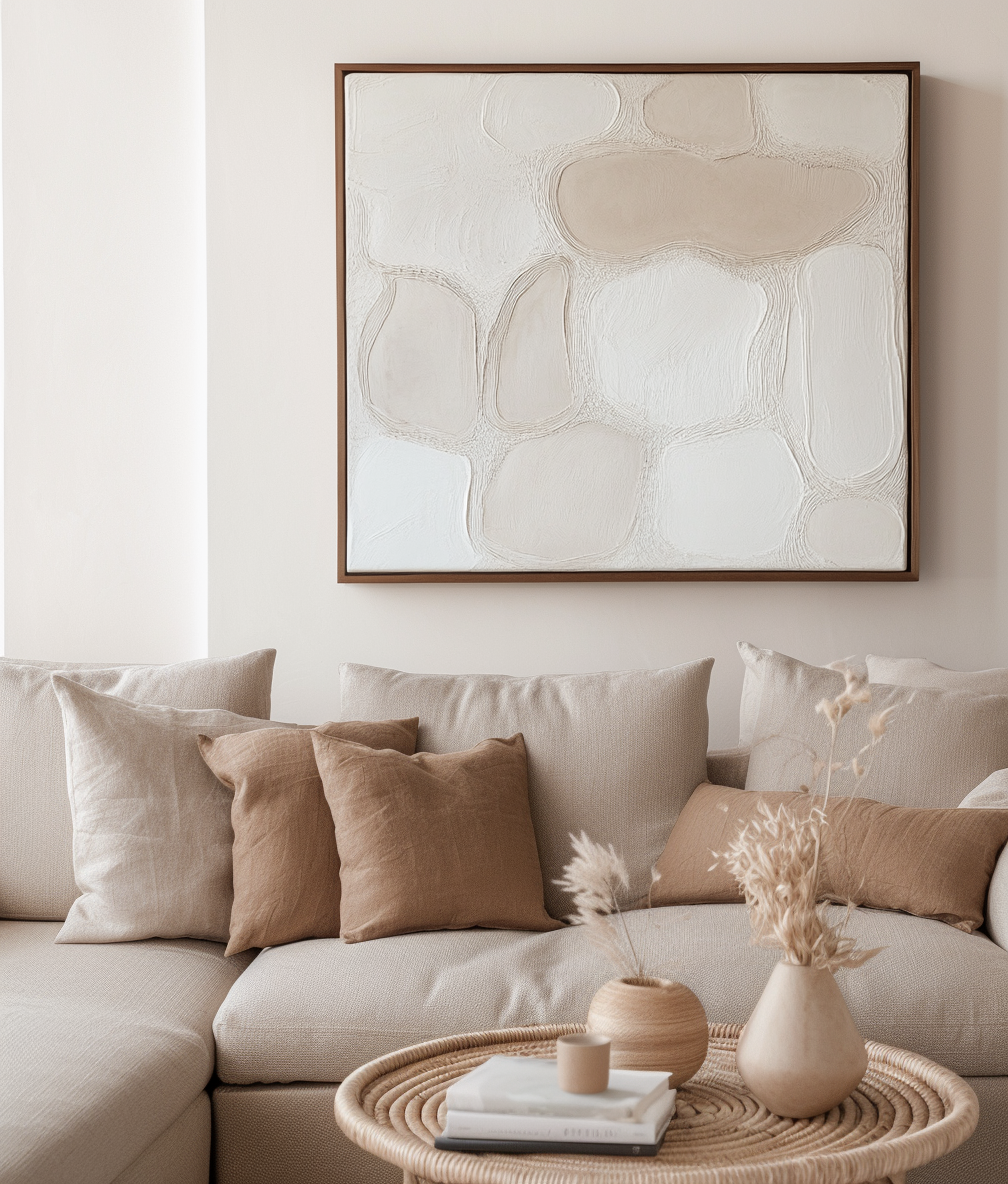 Organic Balance - Modern Minimalist Textured Abstract Wall Art - Framed Canvas Painting in Beige & Neutral Tones