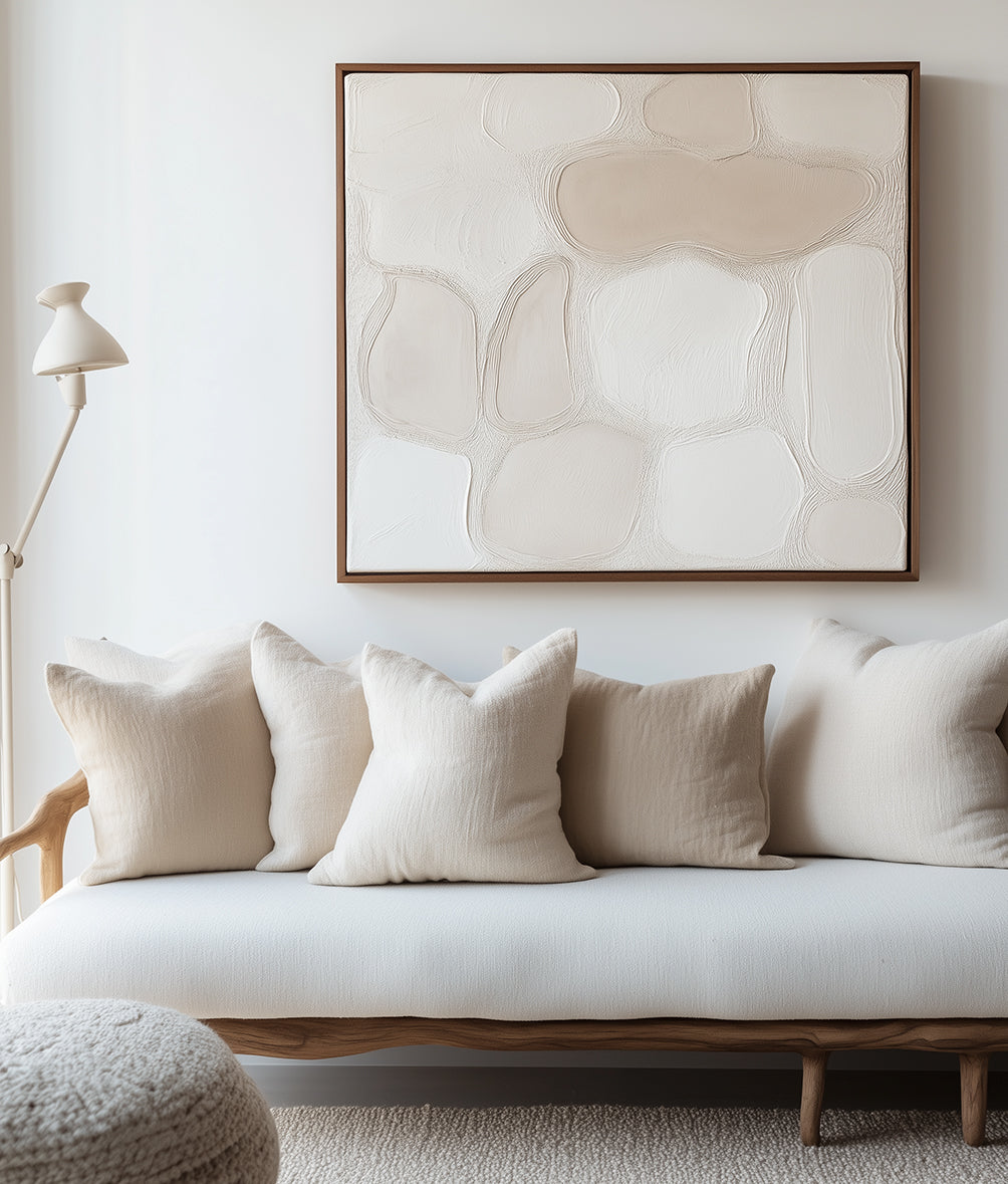 Organic Balance - Modern Minimalist Textured Abstract Wall Art - Framed Canvas Painting in Beige & Neutral Tones