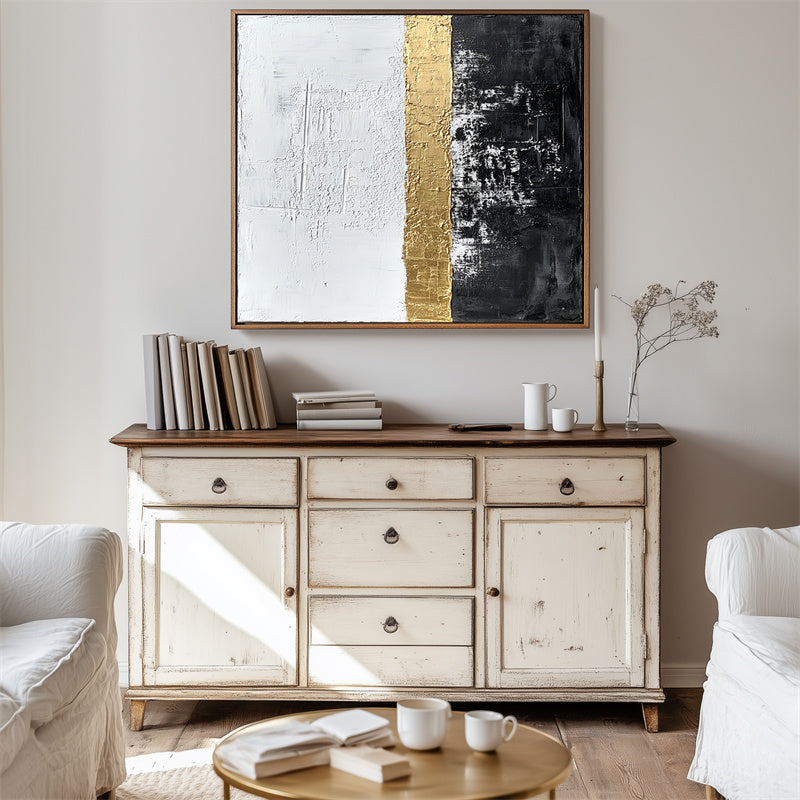 Golden Trio-Black White Gold Abstract Oil Painting - Textured Modern Wall Art, Luxury Minimalist Decor for Living Room & Bedroom