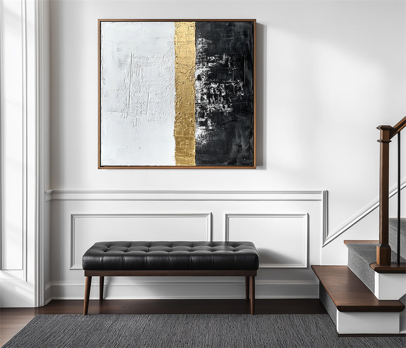 Golden Trio-Black White Gold Abstract Oil Painting - Textured Modern Wall Art, Luxury Minimalist Decor for Living Room & Bedroom