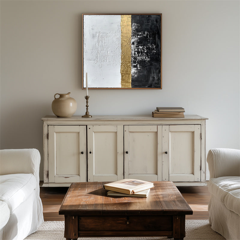 Golden Trio-Black White Gold Abstract Oil Painting - Textured Modern Wall Art, Luxury Minimalist Decor for Living Room & Bedroom