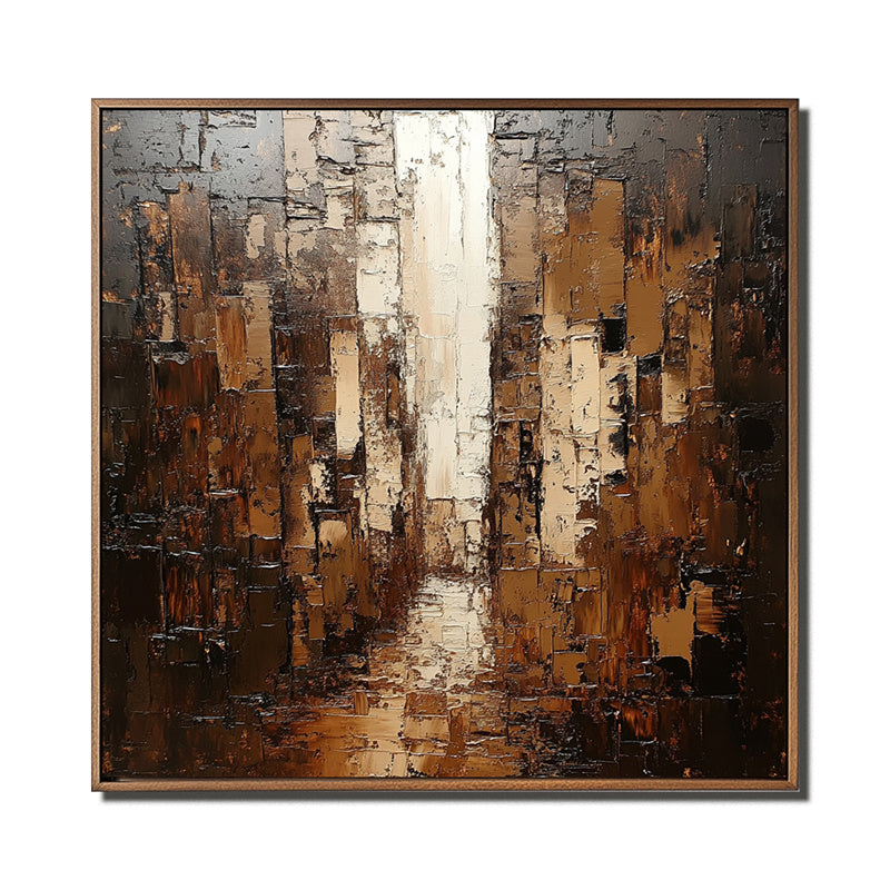 Urban Depth: Textured Urban Abstract Cityscape Oil Painting - Brown Gold Tones, Modern Wall Art for Luxe Interiors