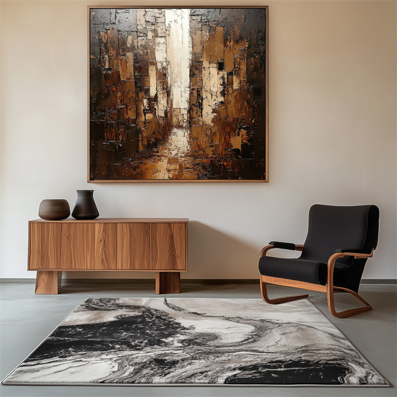Urban Depth: Textured Urban Abstract Cityscape Oil Painting - Brown Gold Tones, Modern Wall Art for Luxe Interiors