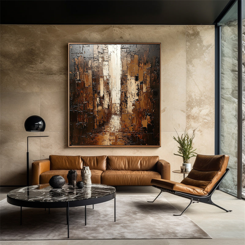 Urban Depth: Textured Urban Abstract Cityscape Oil Painting - Brown Gold Tones, Modern Wall Art for Luxe Interiors