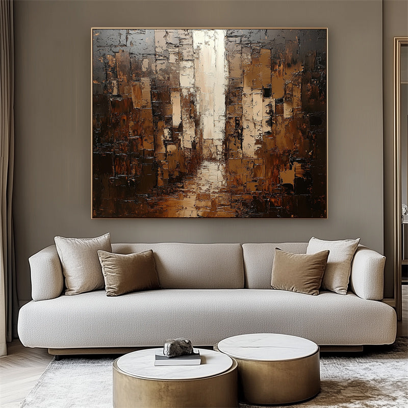 Urban Depth: Textured Urban Abstract Cityscape Oil Painting - Brown Gold Tones, Modern Wall Art for Luxe Interiors