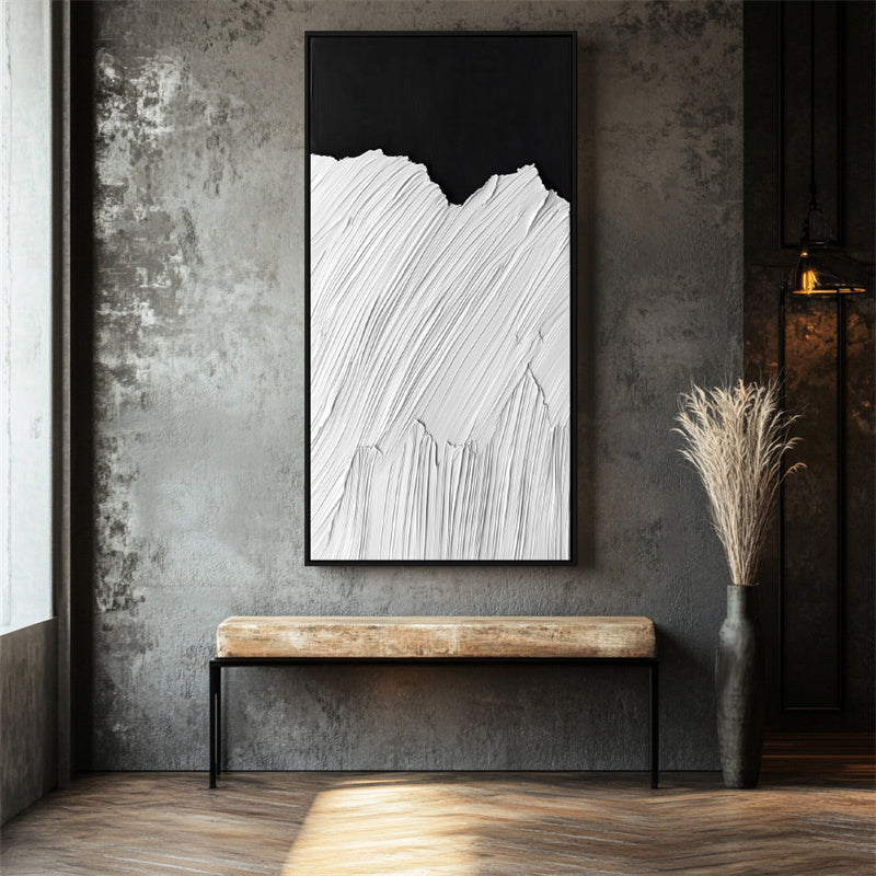 Monochrome Flow: Textured Black & White Vertical Wall Art - Minimalist Linear Texture Decor for Entryway & Hallway