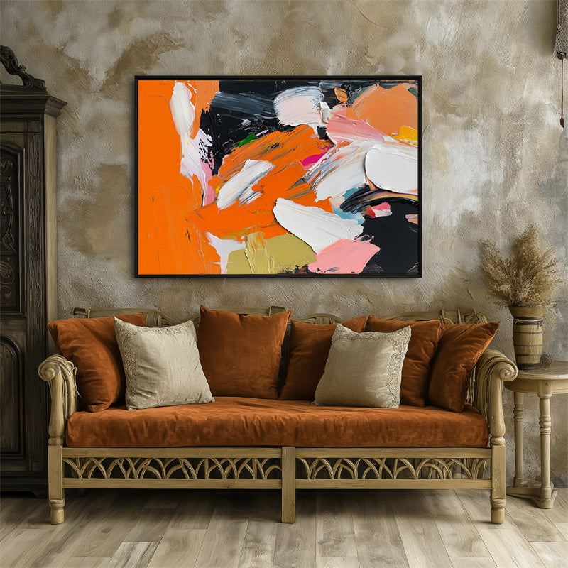 Vibrant Abstract Expressionism: Textured Abstract Expressionist Art - Vibrant Orange, White & Black Tones, Bold Wall Decor for Modern Interiors