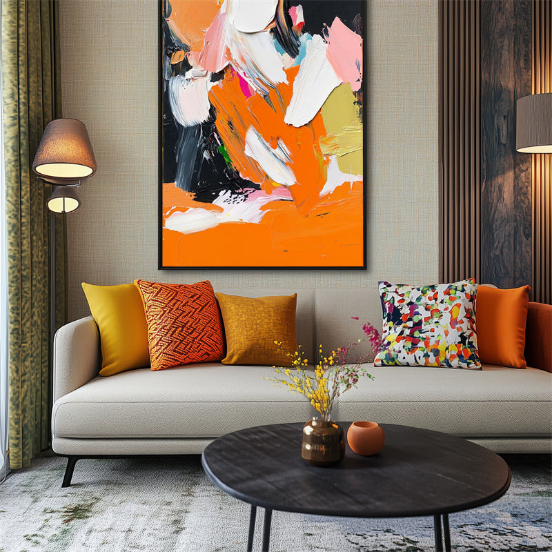 Vibrant Abstract Expressionism: Textured Abstract Expressionist Art - Vibrant Orange, White & Black Tones, Bold Wall Decor for Modern Interiors