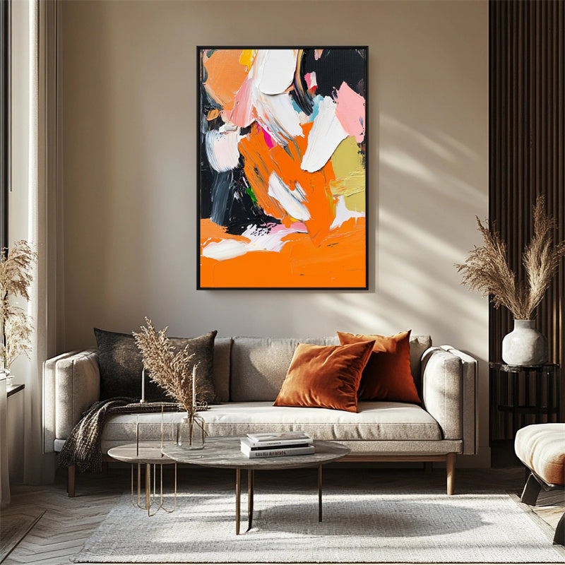 Vibrant Abstract Expressionism: Textured Abstract Expressionist Art - Vibrant Orange, White & Black Tones, Bold Wall Decor for Modern Interiors