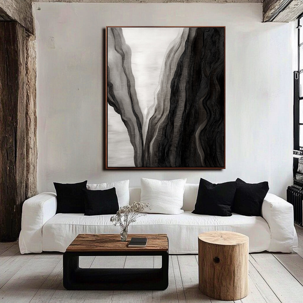 Veil of Depths - Abstract Black and White Textured Oil Painting, Modern Wall Art for Home Decor