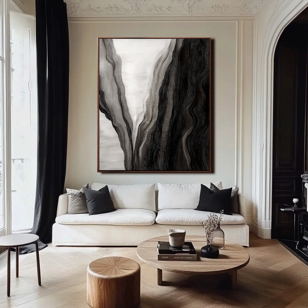 Veil of Depths - Abstract Black and White Textured Oil Painting, Modern Wall Art for Home Decor