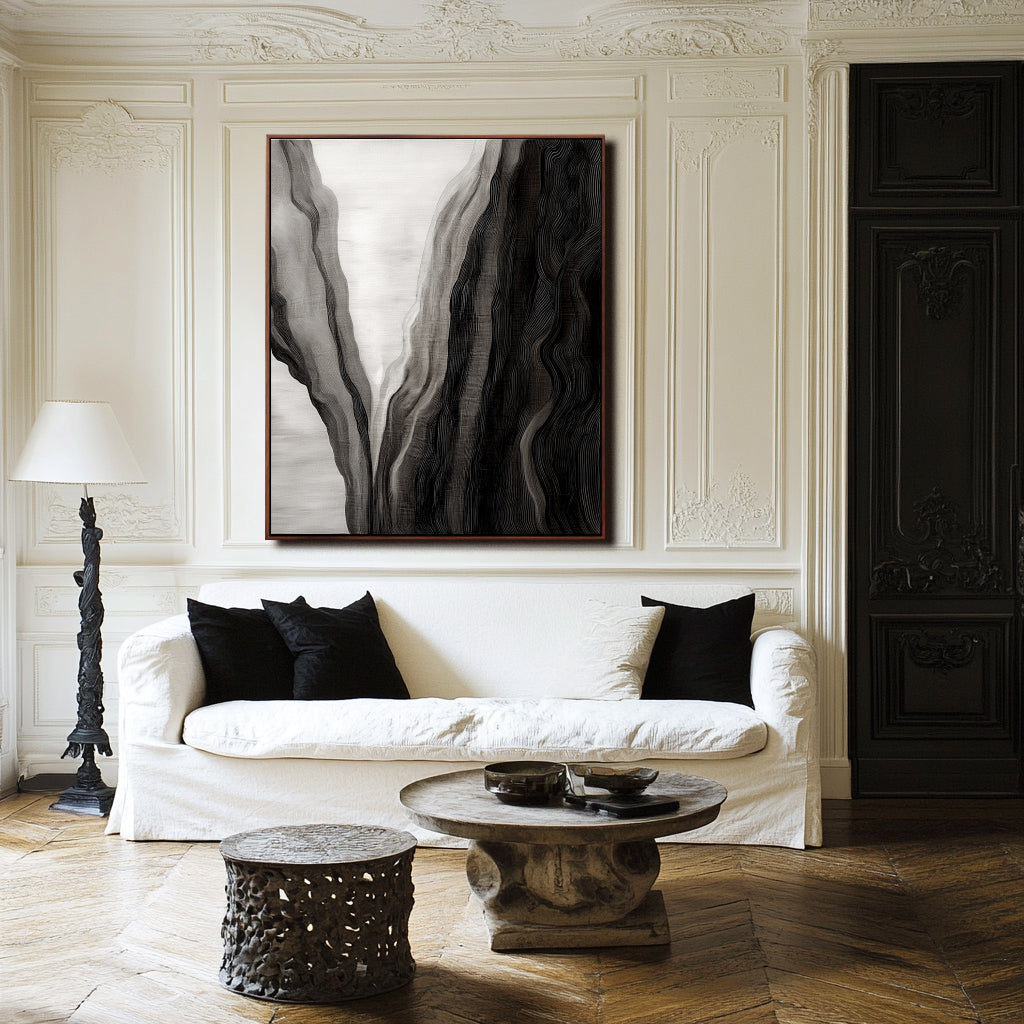 Veil of Depths - Abstract Black and White Textured Oil Painting, Modern Wall Art for Home Decor