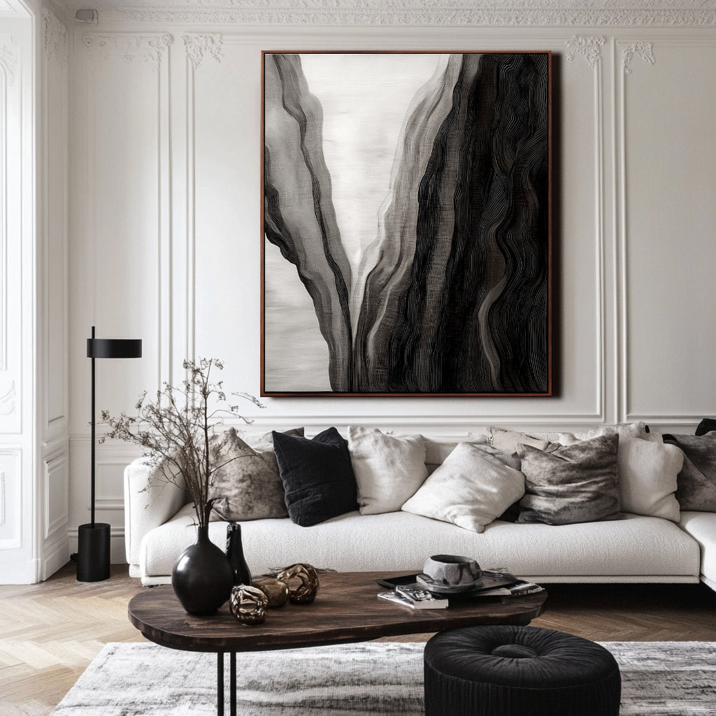 Veil of Depths - Abstract Black and White Textured Oil Painting, Modern Wall Art for Home Decor