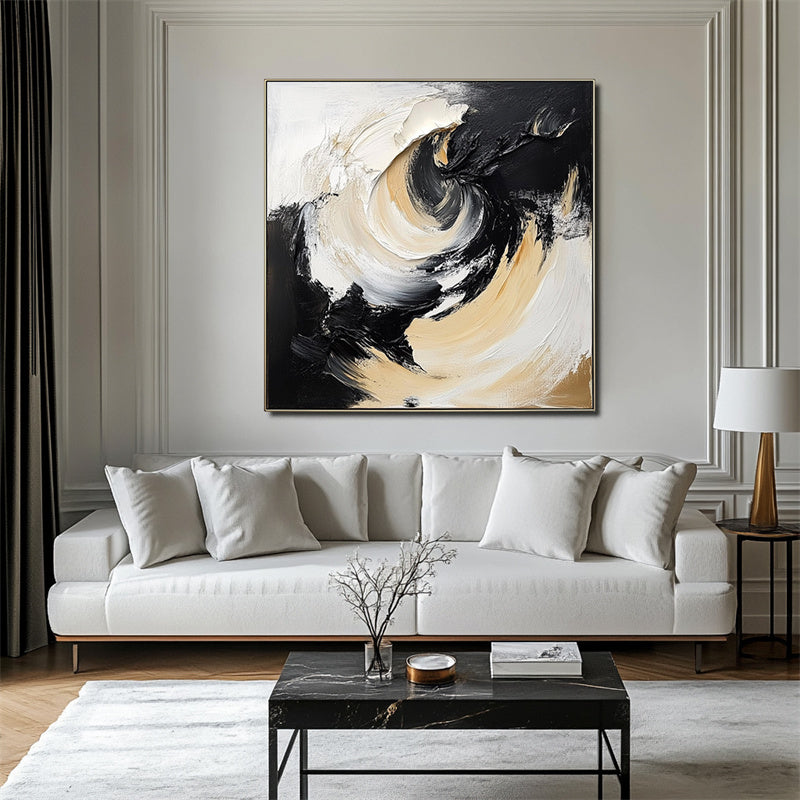 Whirlwind Elegance-Black Gold White Abstract Swirl Wall Art - Framed 3D Textured Minimalist Decor