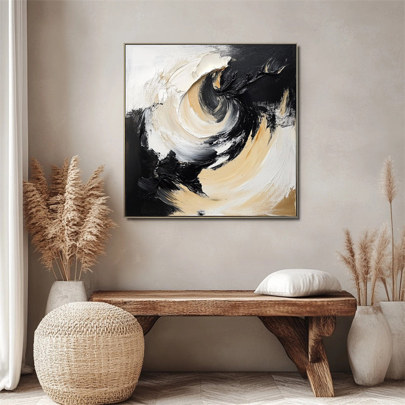 Whirlwind Elegance-Black Gold White Abstract Swirl Wall Art - Framed 3D Textured Minimalist Decor