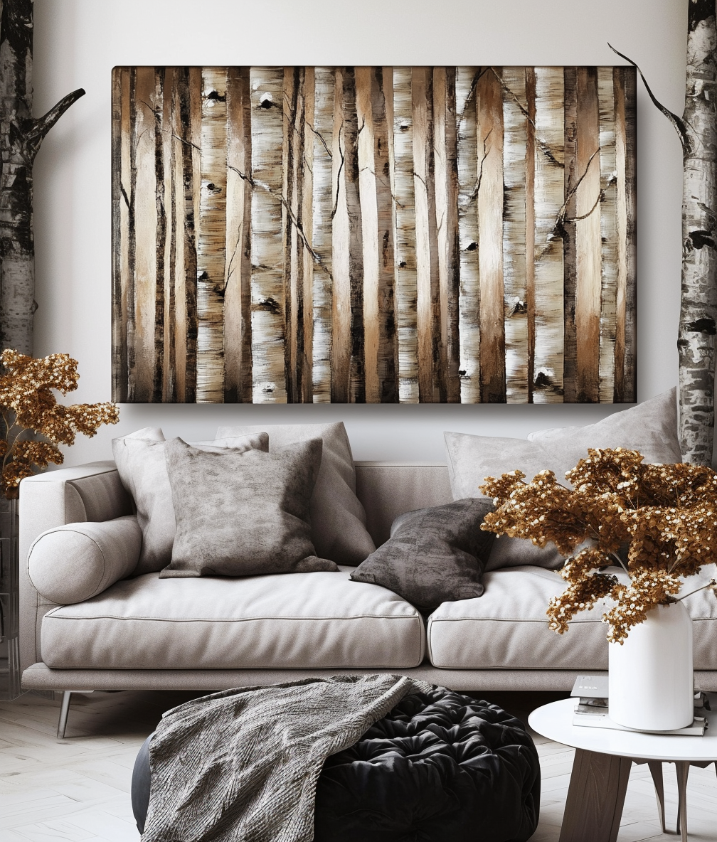 Forest Whispers - Natural Birch Tree Forest Oil Painting, Wooden Texture Wall Art for Living Room Decor