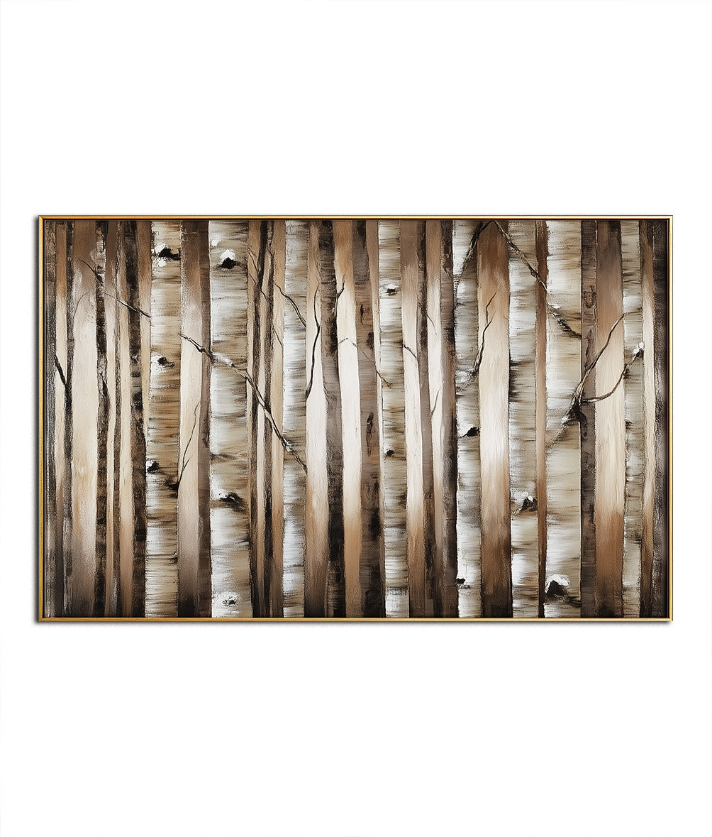 Natural Birch Tree Forest Oil Painting - Wooden Texture Wall Art for Living Room Decor