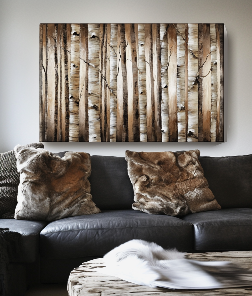 Forest Whispers - Natural Birch Tree Forest Oil Painting, Wooden Texture Wall Art for Living Room Decor