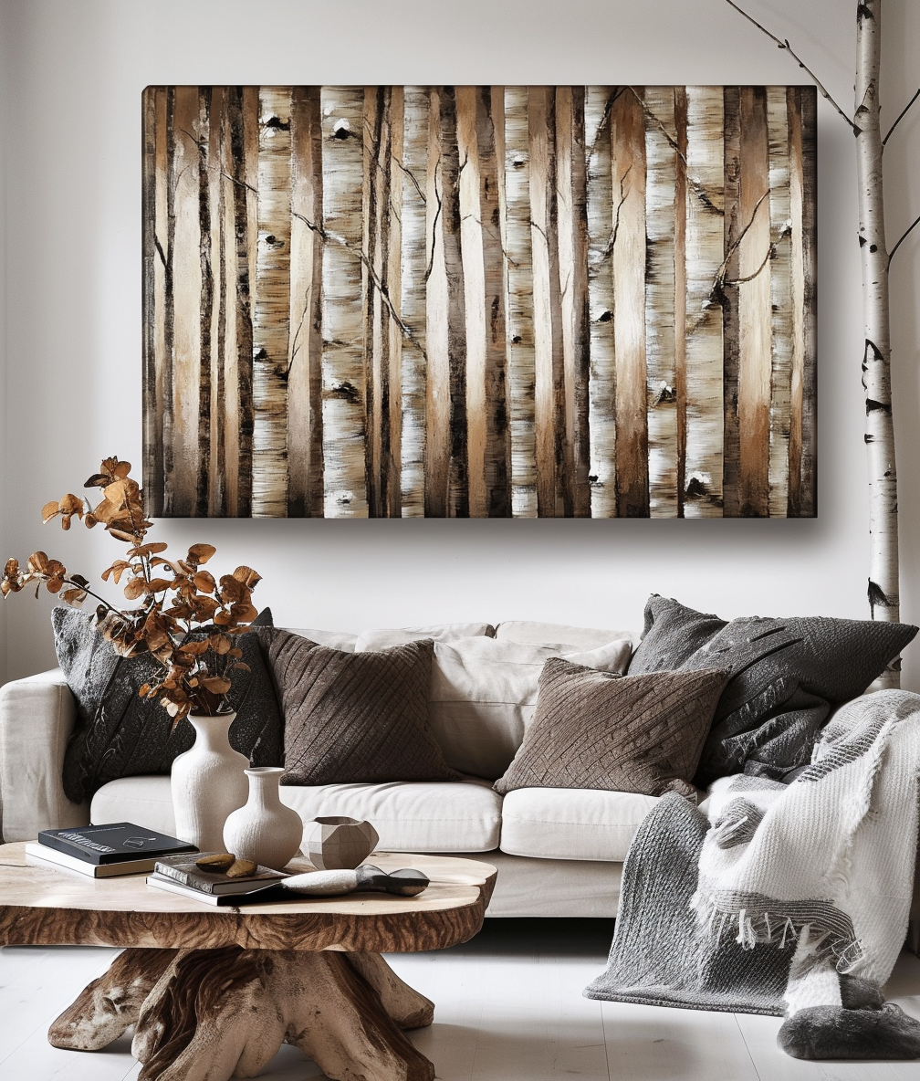 Forest Whispers - Natural Birch Tree Forest Oil Painting, Wooden Texture Wall Art for Living Room Decor