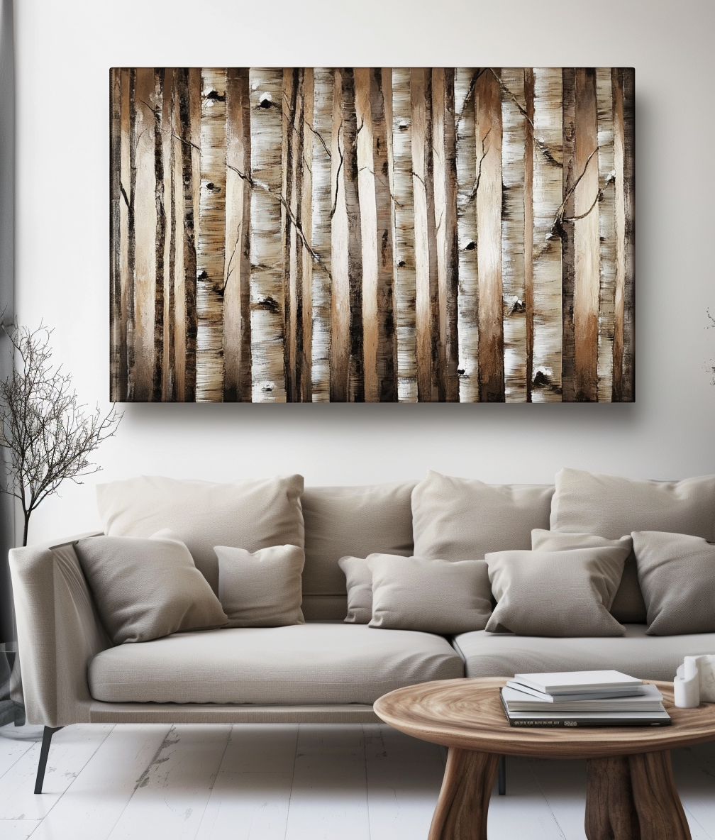 Forest Whispers - Natural Birch Tree Forest Oil Painting, Wooden Texture Wall Art for Living Room Decor