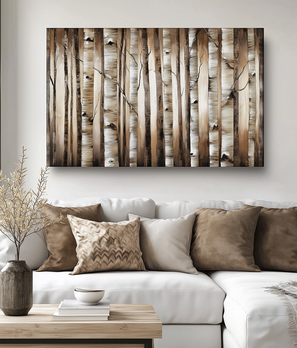 Forest Whispers - Natural Birch Tree Forest Oil Painting, Wooden Texture Wall Art for Living Room Decor
