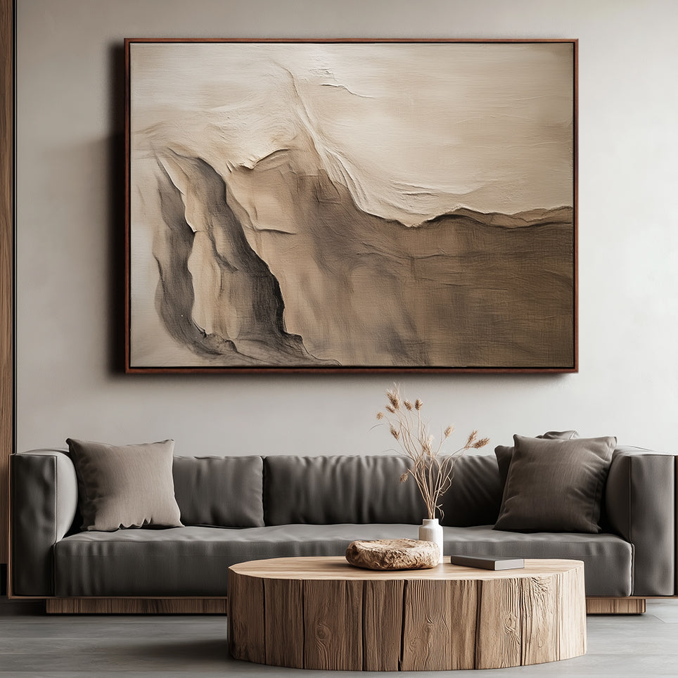 Whispers of Dawn: Textured Abstract Oil Painting - Brown and Beige Landscape Wall Art for Modern Interiors