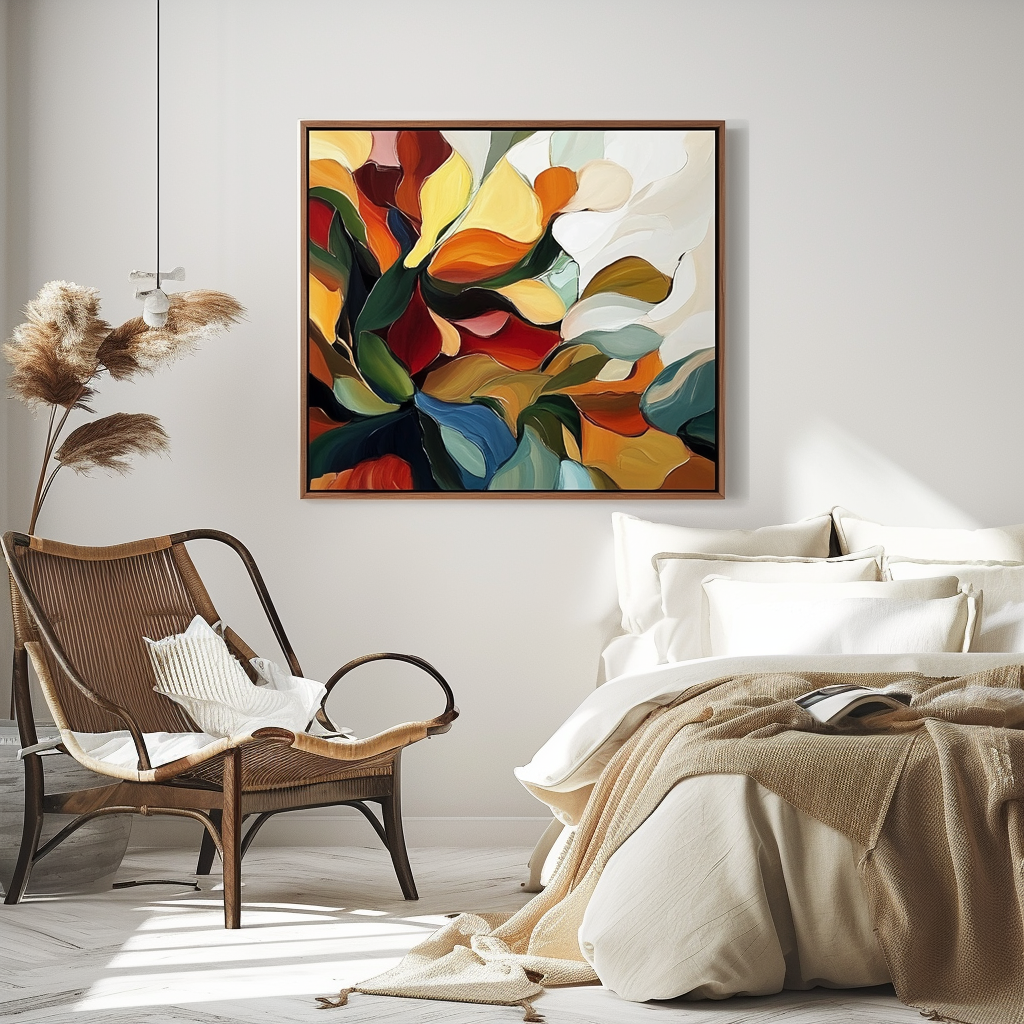 Blooming Essence - Colorful Abstract Floral Oil Painting - Vibrant Multicolor Wall Art, Modern Botanical Decor for Living Room & Bedroom