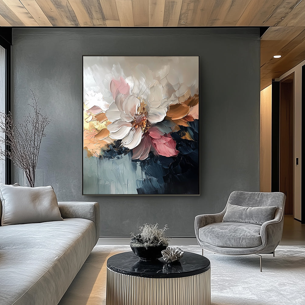 Blear Bloom - Abstract Floral Oil Painting, Textured Blooming Flower Wall Art for Home Decor