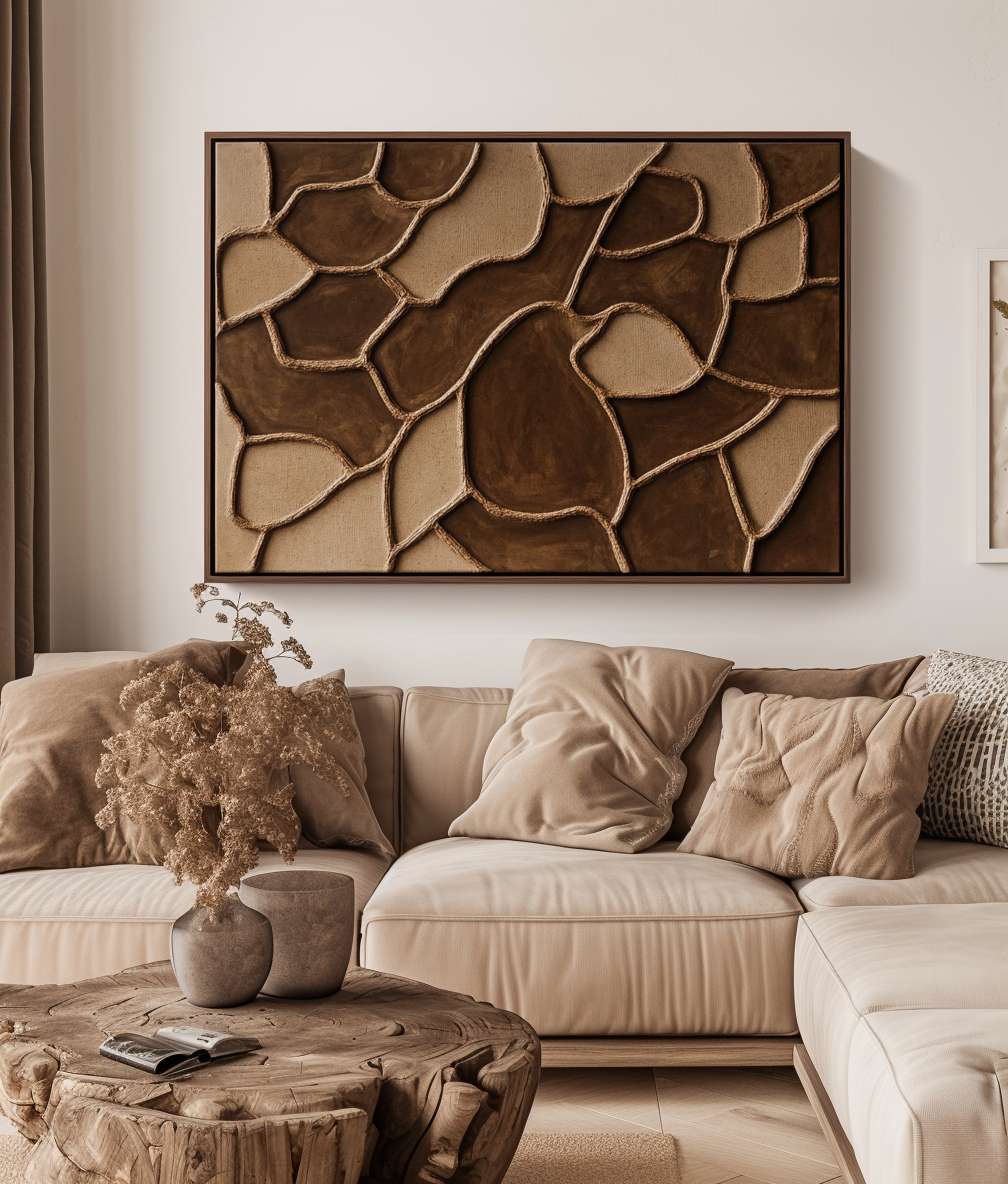 Stone Mosaic – Modern Abstract Textured Wall Art: Irregular Geometric Forms in Warm Brown Tones