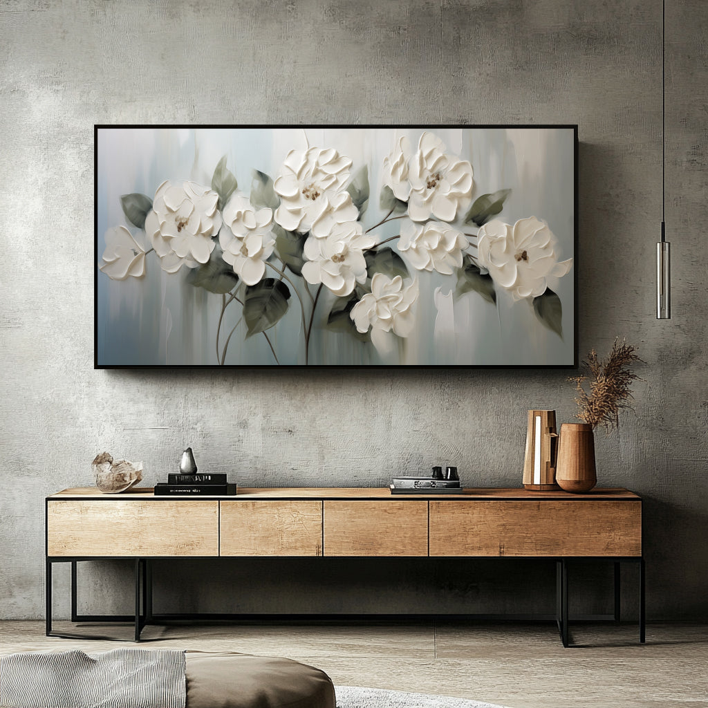 Blooming Serenity – Framed Textured White Floral Oil Painting, Modern Minimalist Wall Art for Home Decor