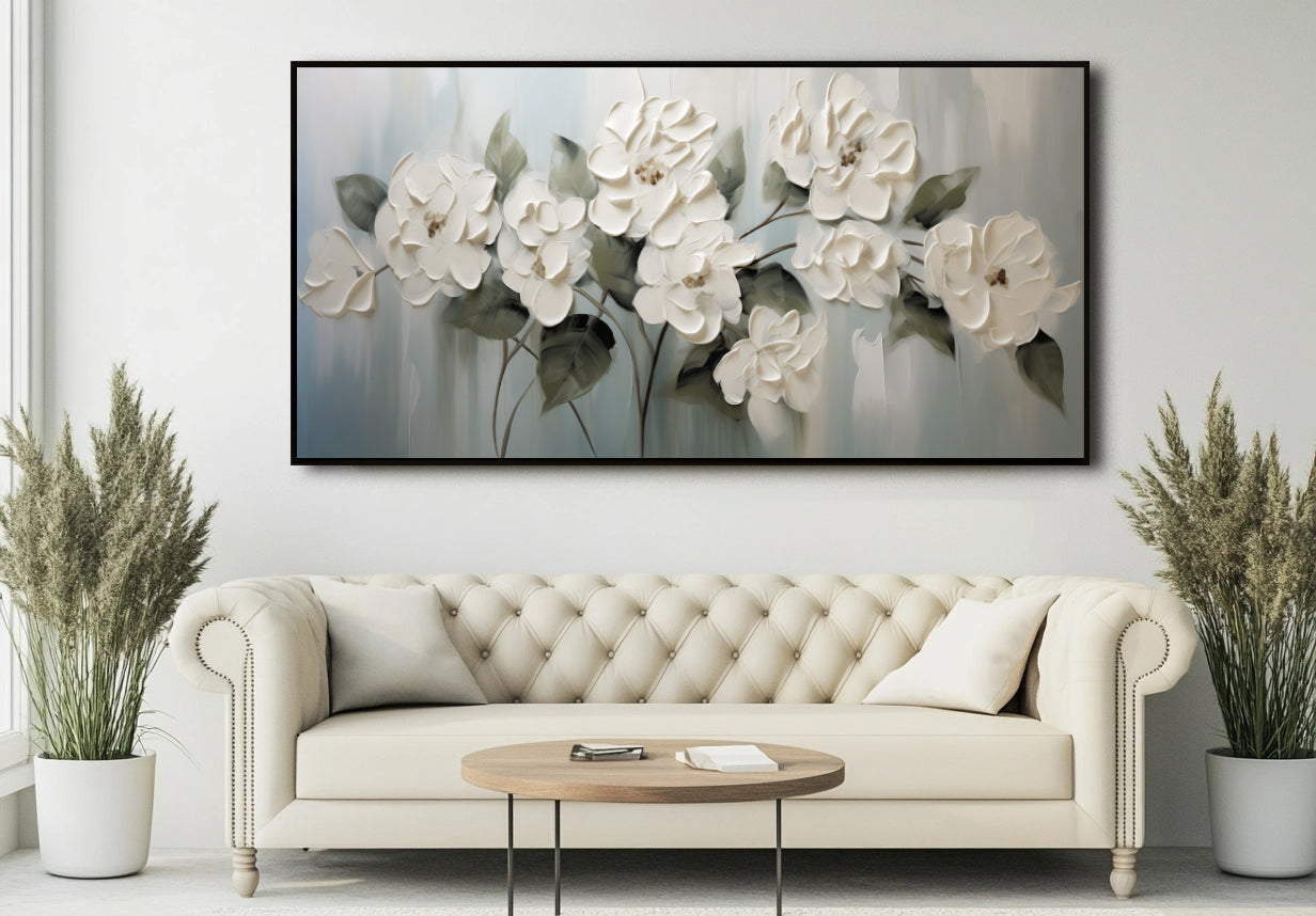 Blooming Serenity – Framed Textured White Floral Oil Painting, Modern Minimalist Wall Art for Home Decor