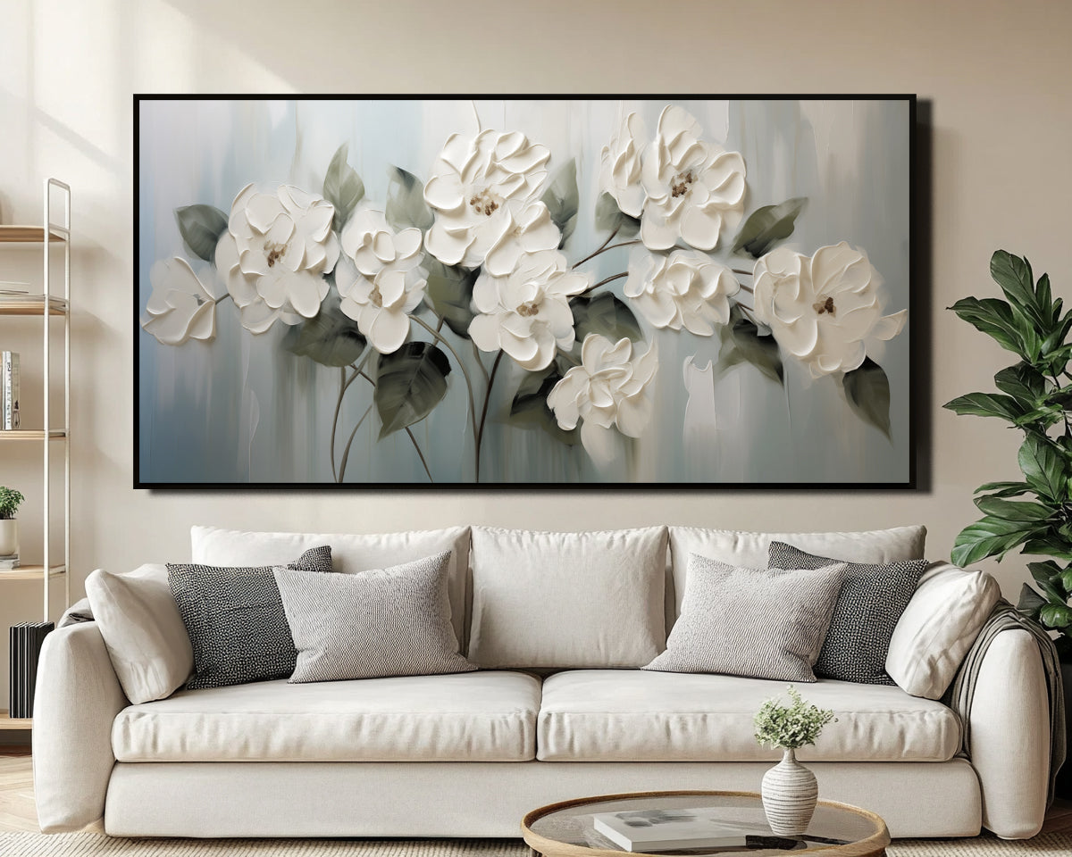 Blooming Serenity – Framed Textured White Floral Oil Painting, Modern Minimalist Wall Art for Home Decor