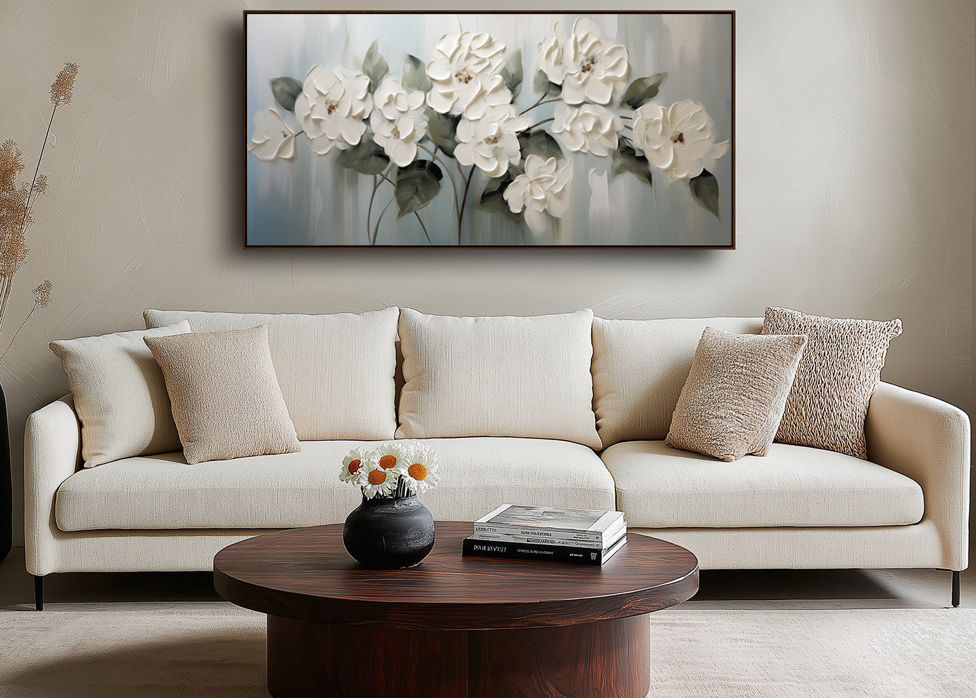Blooming Serenity – Framed Textured White Floral Oil Painting, Modern Minimalist Wall Art for Home Decor