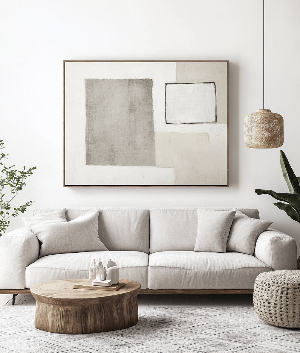 Muted Balance – Modern Minimalist Abstract Wall Art: Geometric Shapes in Neutral Gray Tones for Contemporary Interiors