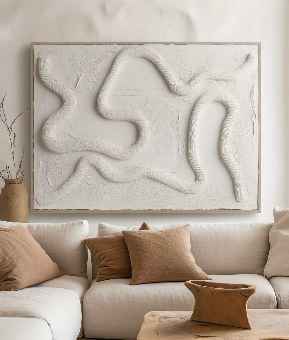 Fluid Pathways – Modern Textured Abstract Wall Art: Organic Curved Lines in Neutral White for Contemporary Home Decor