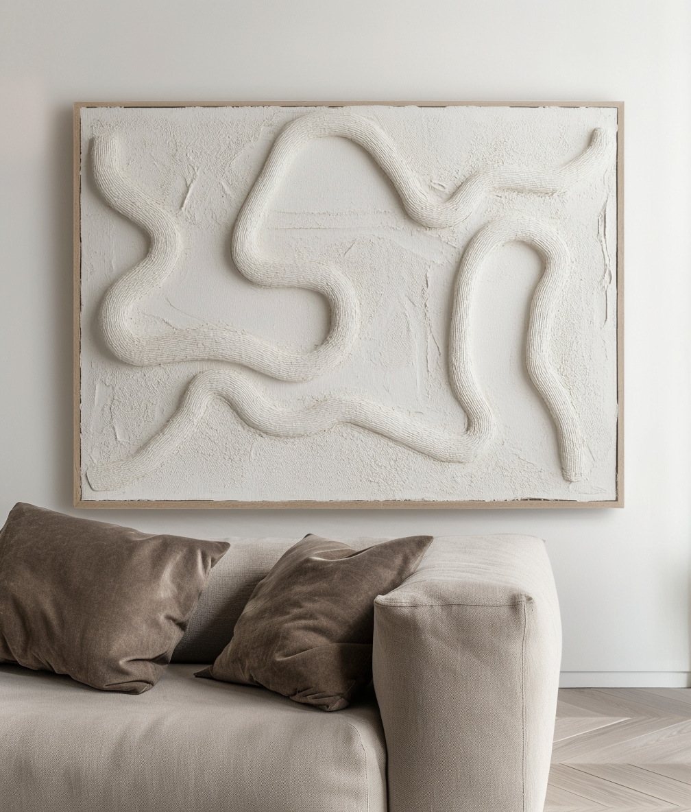 Fluid Pathways – Modern Textured Abstract Wall Art: Organic Curved Lines in Neutral White for Contemporary Home Decor