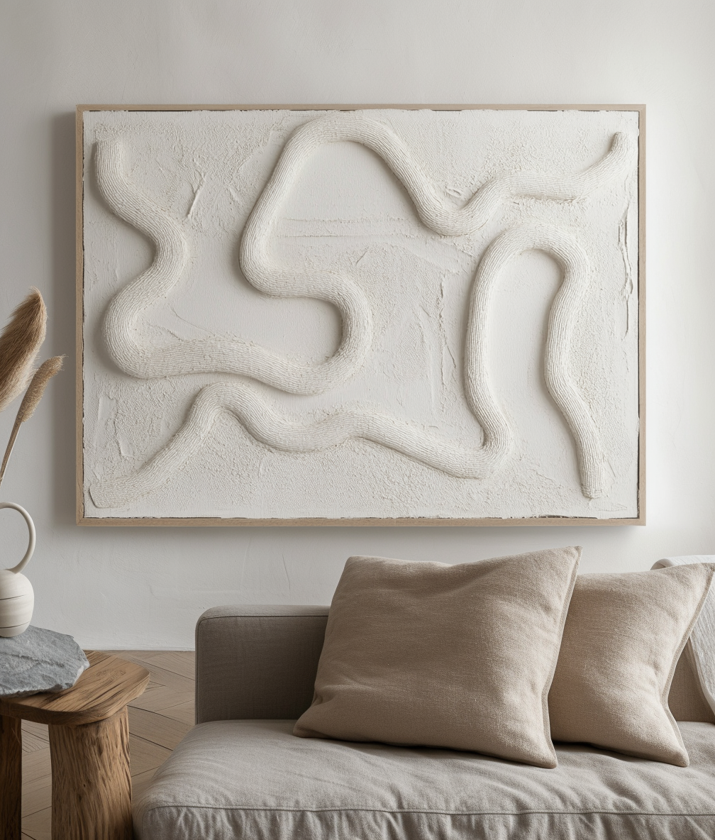 Fluid Pathways – Modern Textured Abstract Wall Art: Organic Curved Lines in Neutral White for Contemporary Home Decor