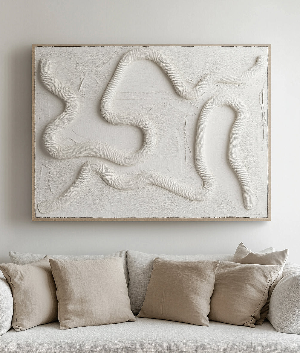 Fluid Pathways – Modern Textured Abstract Wall Art: Organic Curved Lines in Neutral White for Contemporary Home Decor