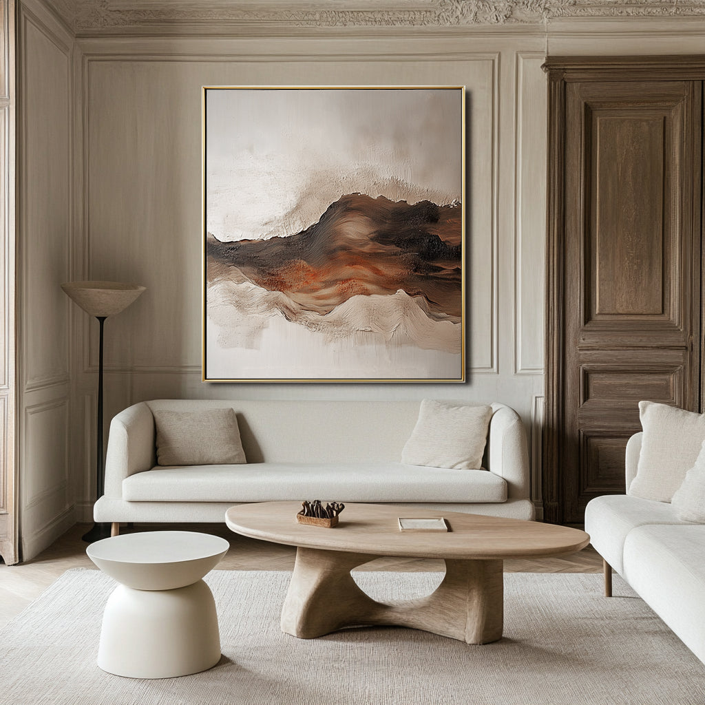 Earthbound Waves – Abstract Textured Mountain Oil Painting , Framed Neutral Tones Wall Art for Home Decor